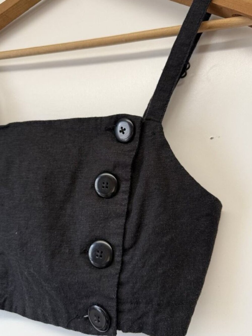 Black Crop Top Bandeau Smocked Back Button Linen Blend Sz Small - Picture 2 of 3